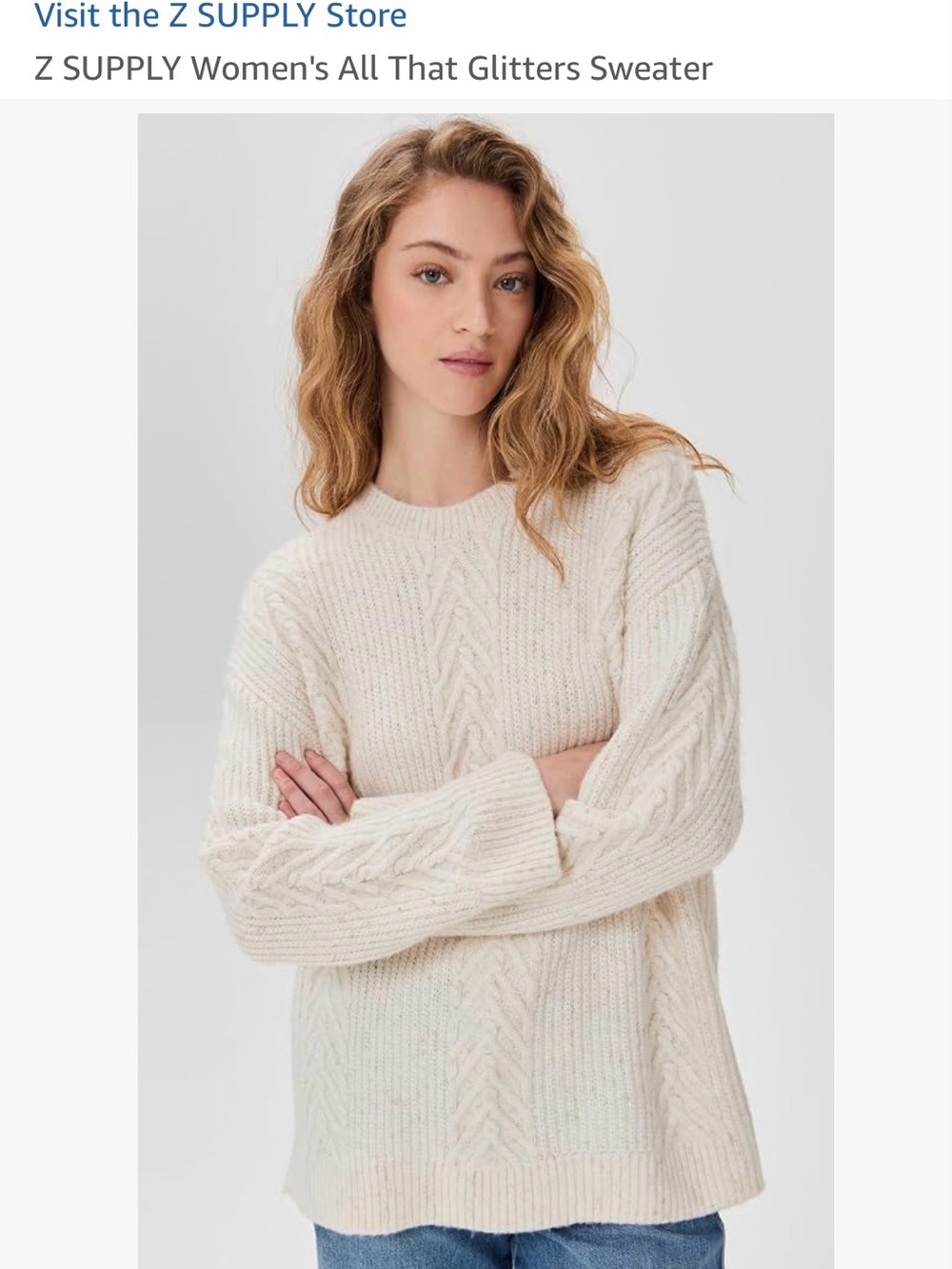 Z Supply Cream Cable Knit Crewneck Sweater with Subtle Glitter